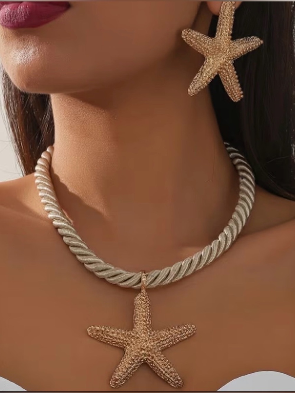 Gold Starfish Pendant Rope Necklace in Cream and Gold - Women Jewelry